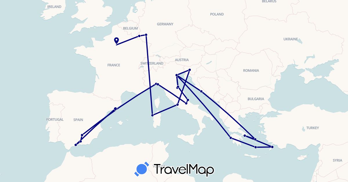 TravelMap itinerary: driving in Germany, Spain, France, Greece, Croatia, Italy, Luxembourg, Slovenia, San Marino (Europe)